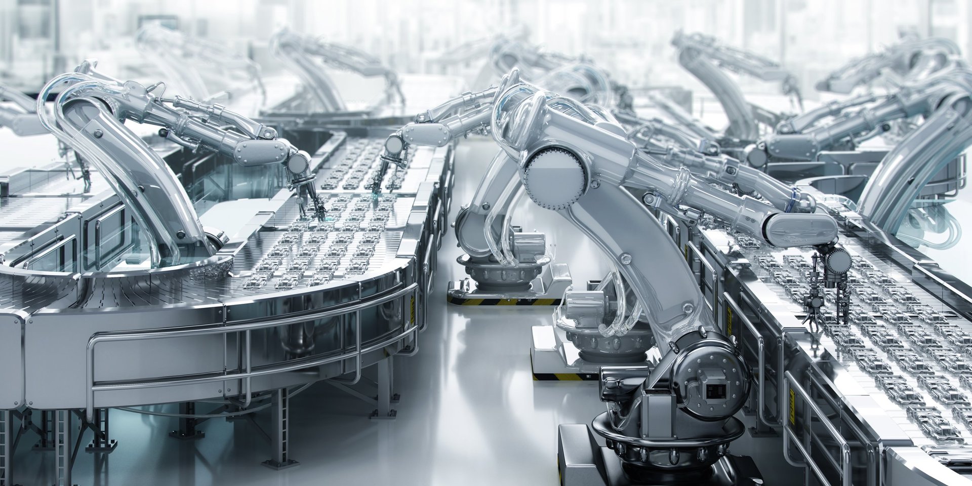 Advanced automated factory with industrial robotic arms assembling electronic components