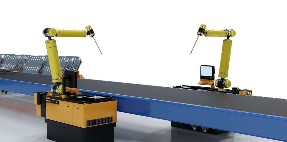 Robotic arms manufacturing electric car battery components
